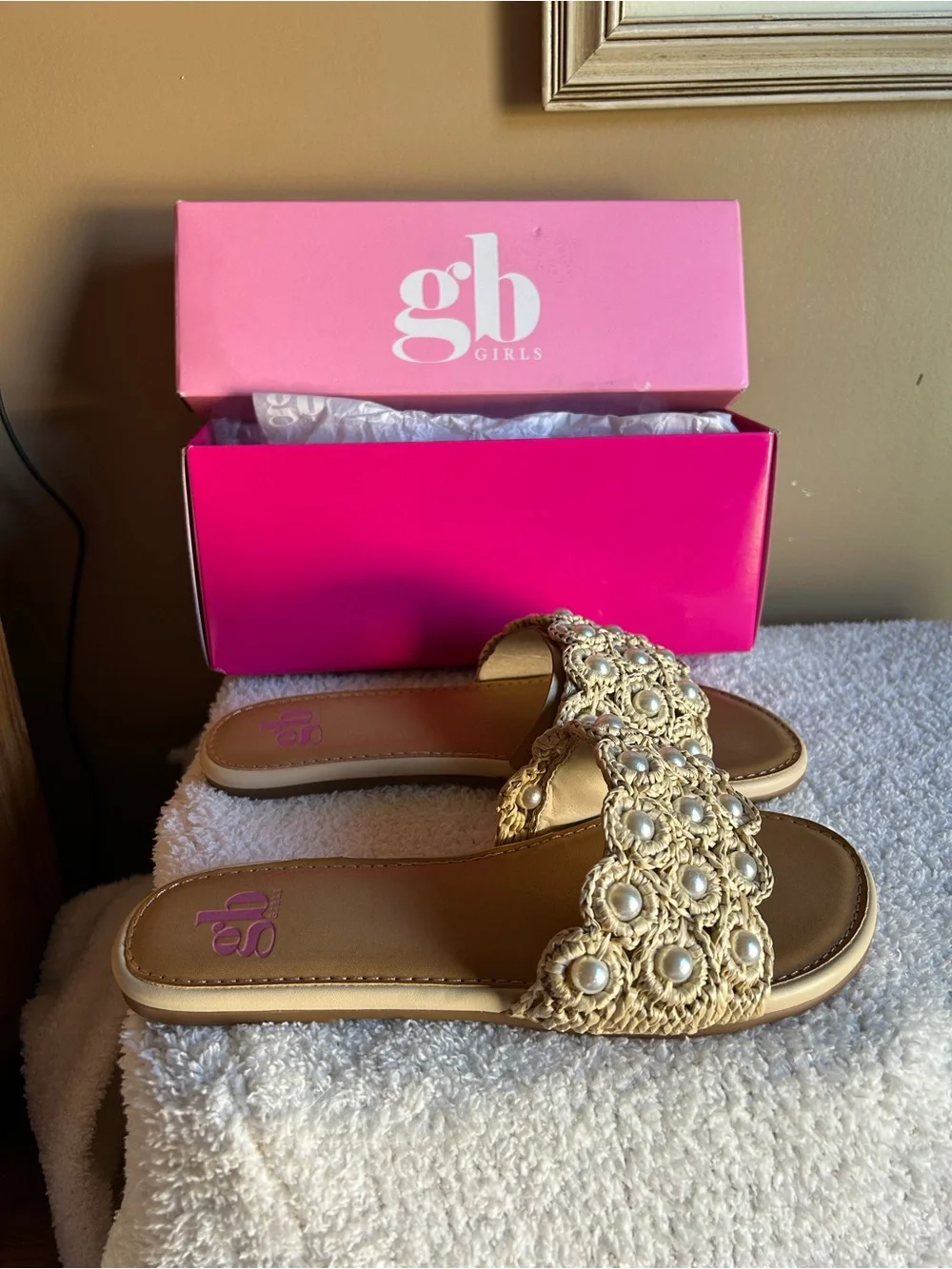 GB Girls Pearl Crochet Slide Sandals - Cream